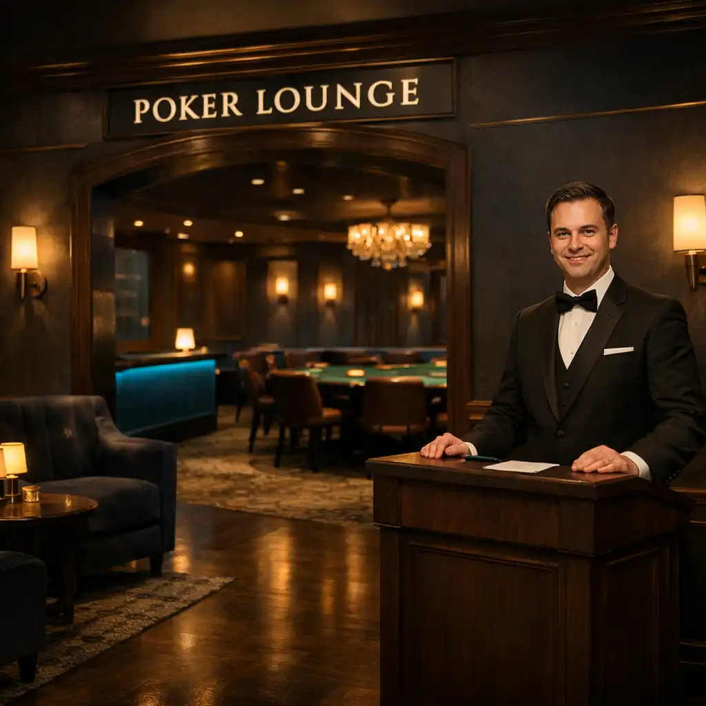 Host welcoming guests at the entrance to the Gilded Marquee poker lounge