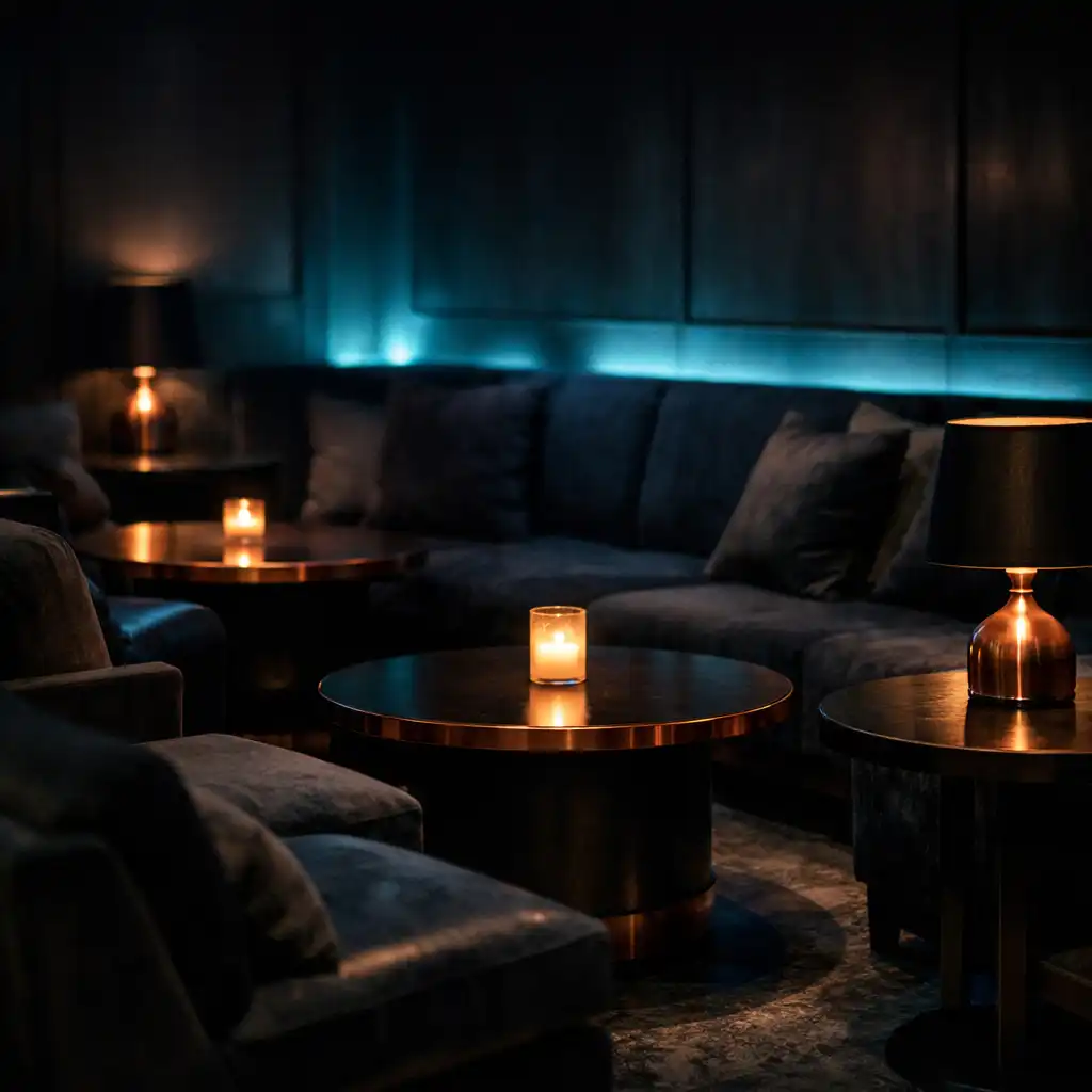 Dimly lit lounge seating with soft cyan accent lighting and copper details