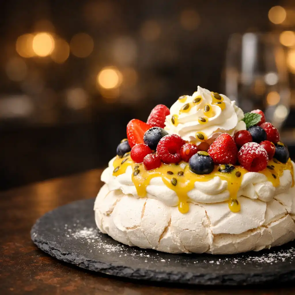 Classic Australian pavlova with passionfruit curd, fresh berries, and whipped cream on a dark slate plate