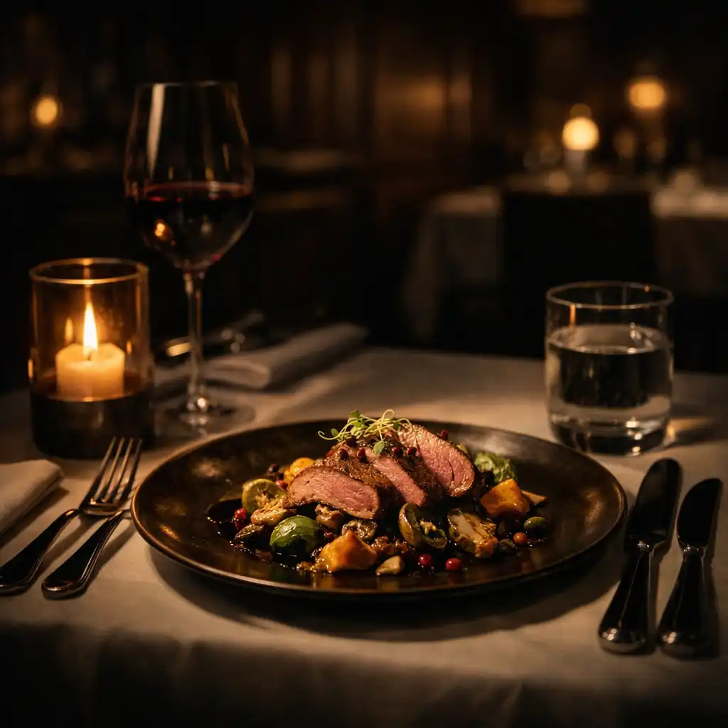 Elegantly set dining table with seasonal dish, candlelight, and dark wood accents
