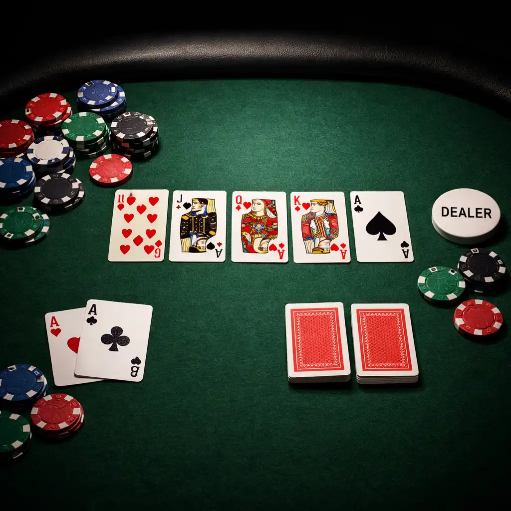 Overhead view of a poker table with cards, chips, and a dealer button