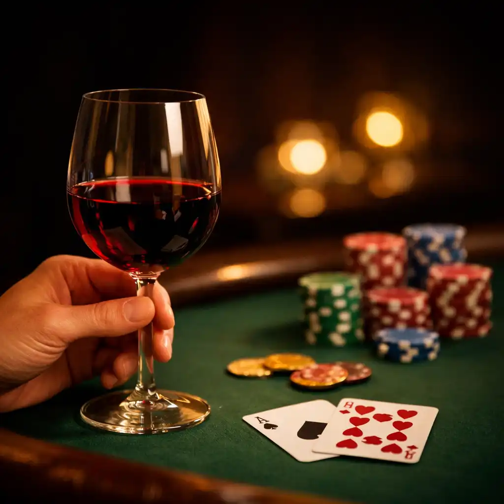 A hand holding a glass of red wine beside a poker table