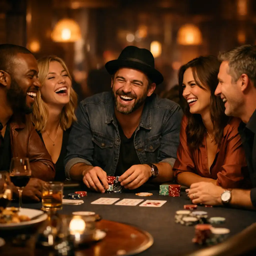 A group of friends laughing around a poker table in a dimly lit lounge