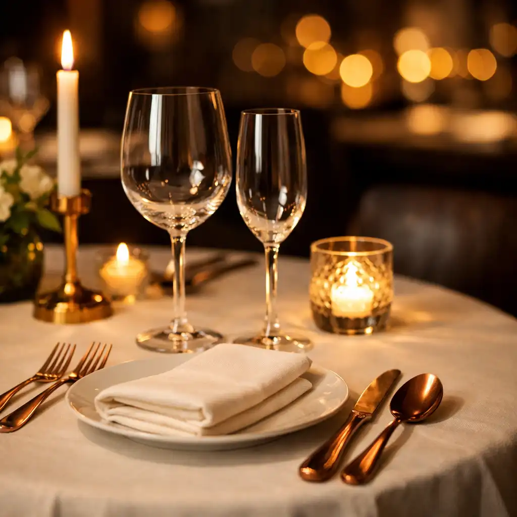 A beautifully set dining table with ivory tablecloth, copper cutlery, wine glasses, and candlelight