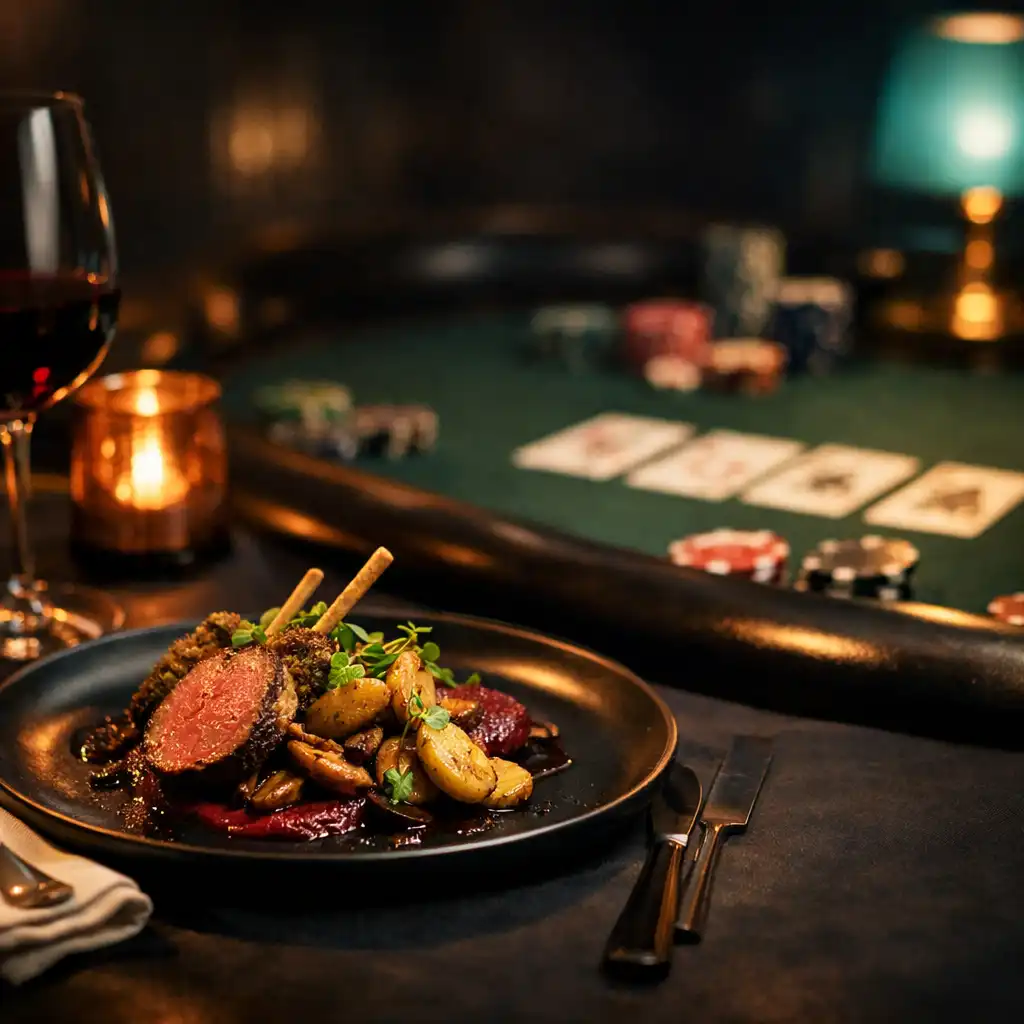 Elegant plated Australian dish in the foreground with a softly blurred poker table and cards behind it