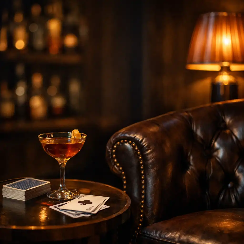 Leather armchair beside a side table with a cocktail glass and deck of cards in the dimly lit Gilded Marquee lounge