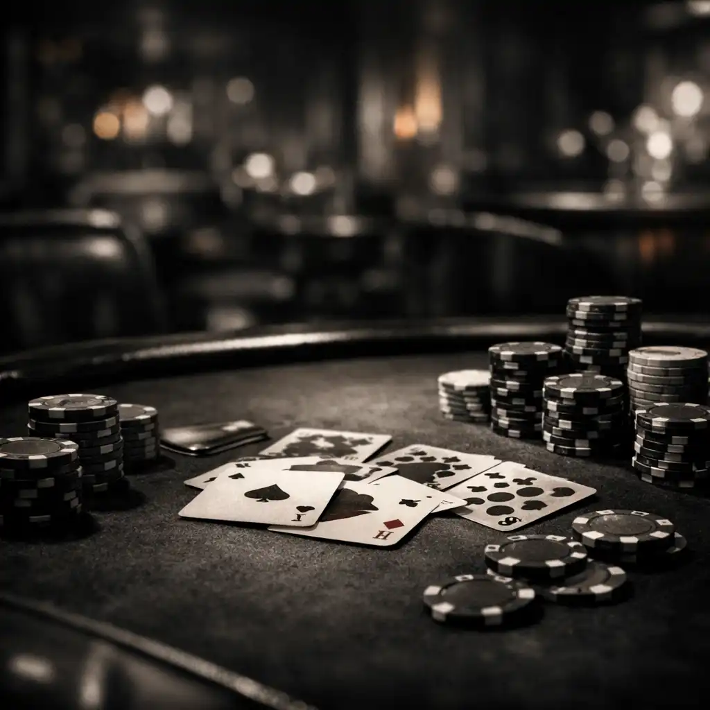 Close-up of a refined poker table with playing cards and chips under warm, low lighting