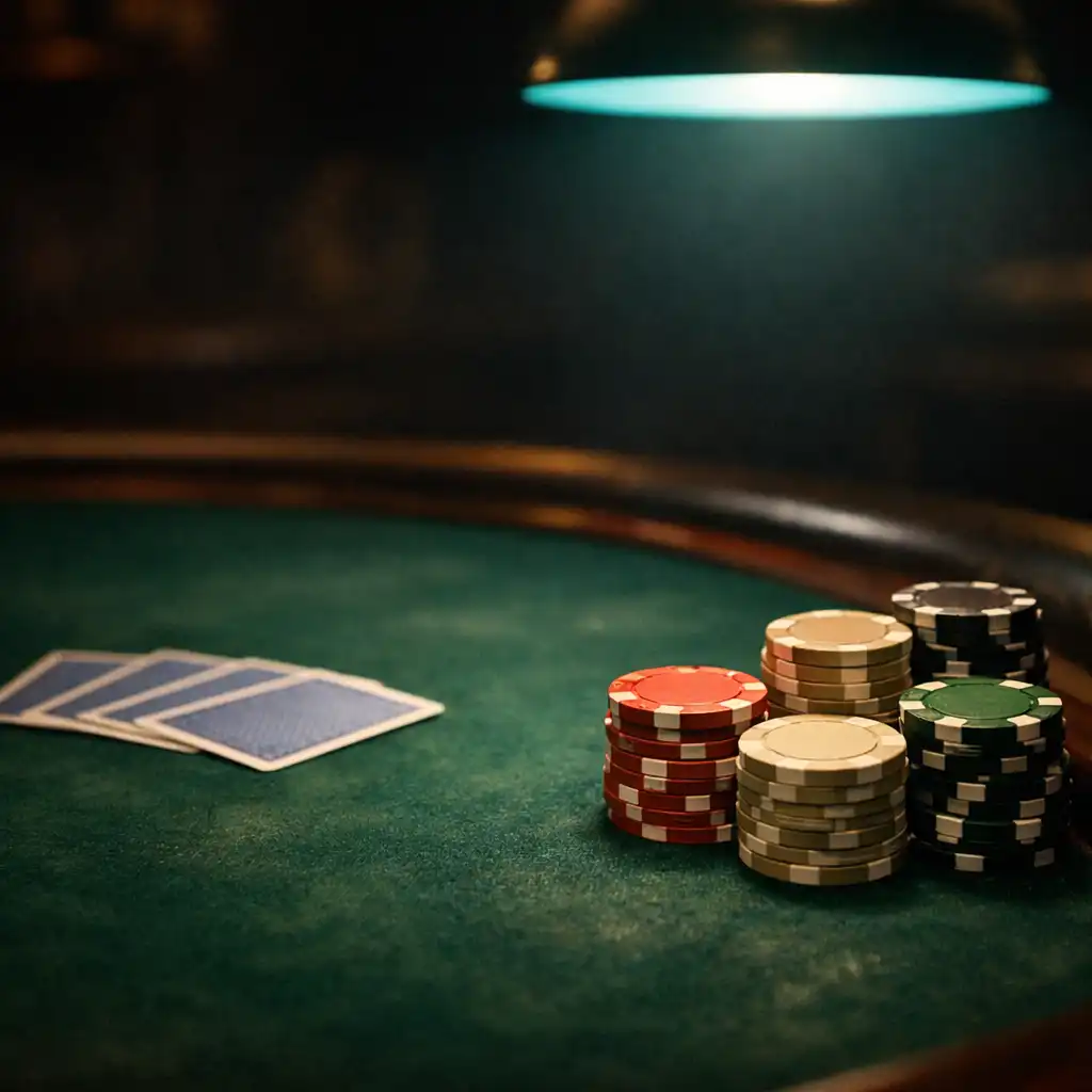 Close view of a poker table with stacked chips and fanned playing cards under warm low lighting