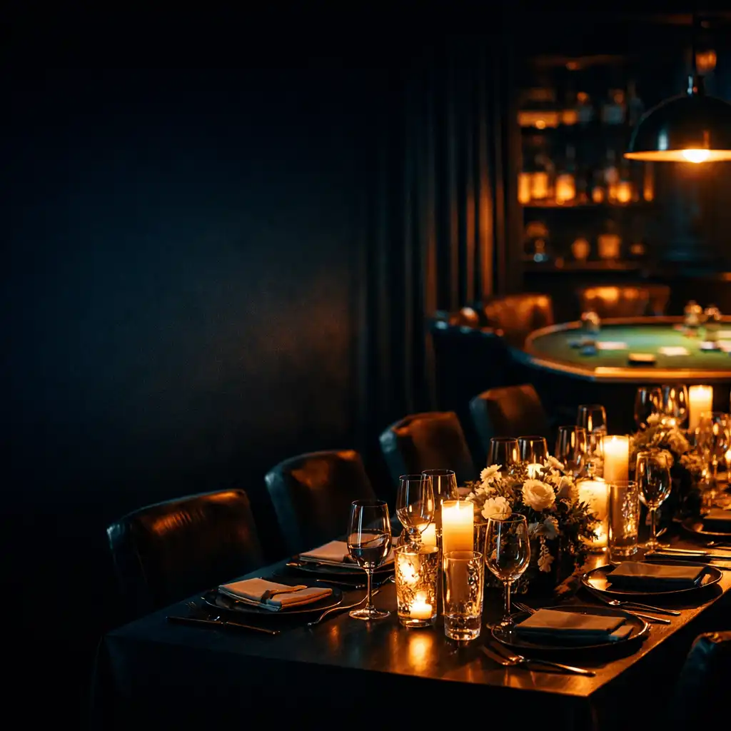 Private event space at Gilded Marquee with a long dining table, low ambient lighting, and a subtle poker table in the background