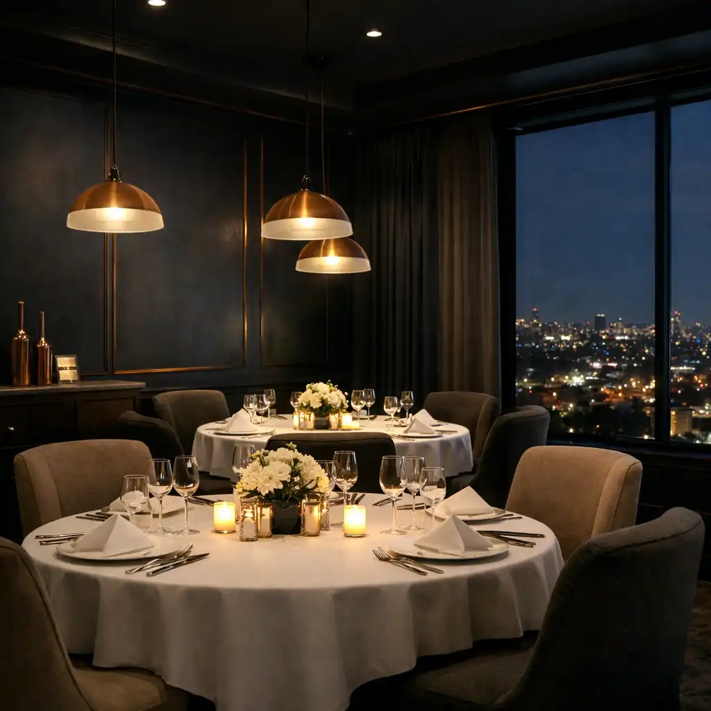 Elegant private dining room at Gilded Marquee with round tables, white linens, upholstered chairs, and soft pendant lighting