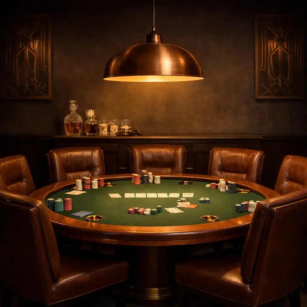 Private poker room set for a small group with leather chairs and warm lighting