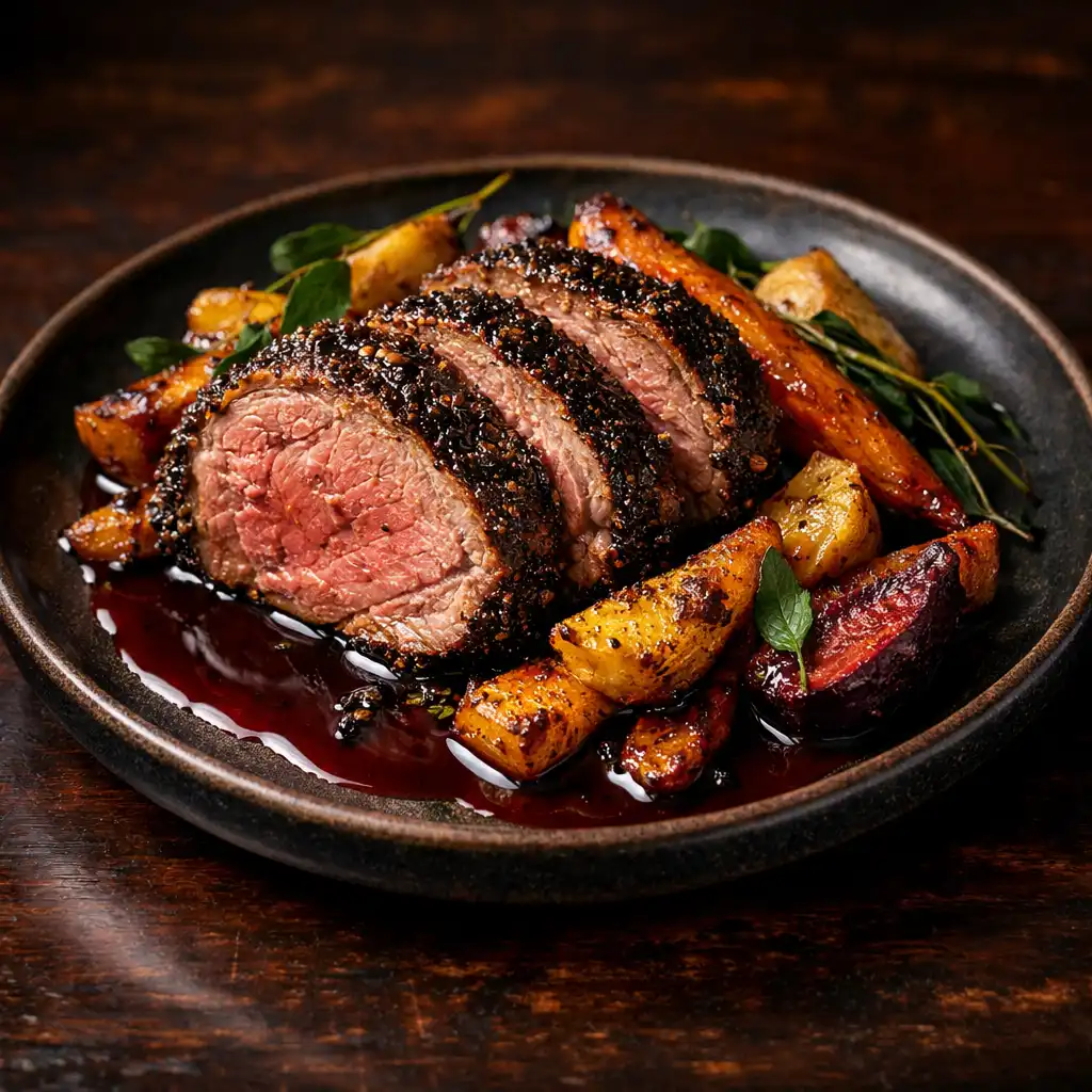 Roasted lamb with native pepper crust, root vegetables, and red wine jus on a dark ceramic plate
